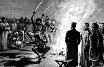 Pathan sword-dance before Prince Albert Victor at the cavalry camp, Muridki, India, 1890. Creator: R. Taylor.