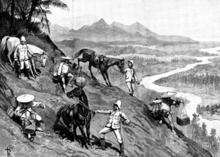 Sketches in Formosa: a hazardous descent, 1890. Creator: H. F. Davey.