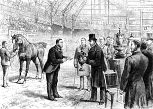 London House Show: the Prince of Wales presenting cup to Mr. Moore for his Hackney horse Rufus, 1890 Creator: P Naumann.