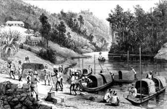 The Lushai Expedition: officers checking stores after crossing a river, 1890. Creator: Unknown.