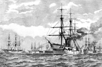 The British Squadron cruising in Mozambique Channel under Rear-Admiral Sir E. R. Fremantle, 1890. Creator: Unknown.