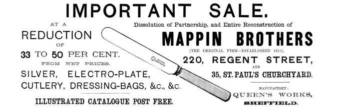 Advertisement for Mappin Brothers Important Sale, 1890. Creator: Unknown.