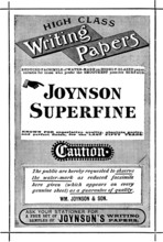 Advertisement for Joynson Superfine High Class Writing Papers, 1890. Creator: Unknown.