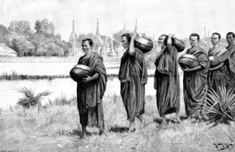 Sketches in Burmah: Buddhist monastery - Phoongyees...with alms begged for their morning meal, 1890. Creator: P Naumann.