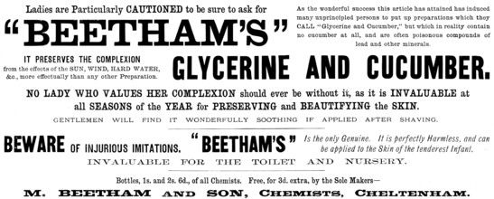 Advertisement for "Beetham’s" Glycerine and Cucumber, 1890. Creator: Unknown.