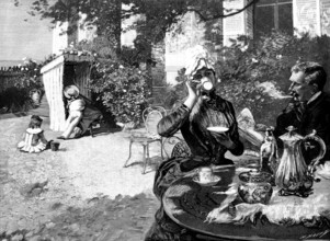Coffee on the Terrace, picture by Duez, in the New Salon, Paris, 1890.  Creator: Charles Baude.