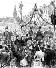Visit of the Queen to Waddesdon Manor...: receiving a bouquet in the Market Square, Aylesbury, 1890. Creator: R. Taylor.