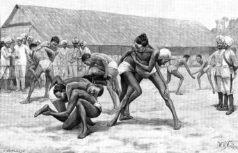 Sketches of the Military Police of Burmah: wrestling-match in camp, 1890. Creator: P Naumann.