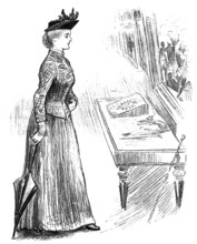 Sketches at the Royal Military Exhibition: looking at a battle picture, 1890. Creator: Unknown.