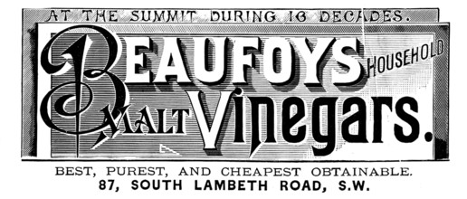 Advertisement for Beaufoys Household Malt Vinegars, 1890. Creator: Unknown.
