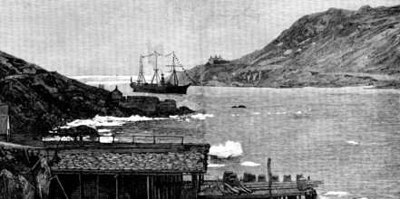 Sketches in Newfoundland: drying stages, with cod-fish, in April: arrival of a new governor, 1890. Creator: Unknown.