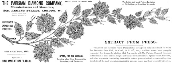Advertisement for the Parisian Diamond Company, 1890. Creator: Unknown.