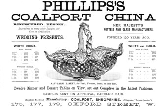 Advertisement for Phillips’s Coalport China, 1890. Creator: Unknown.