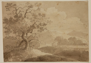Landscape: Large Trees in Foreground, Two Figures, House, Lake and Mountains, c1820-1848. Creator: Thomas Cole.