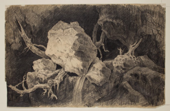 Hunter Standing in Cave near Rock and Waterfall, c1828. Creator: Thomas Cole.