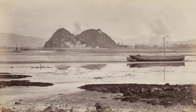Dumbarton Castle and pier on the Clyde, between 1870 and 1880. Creator: James Valentine.