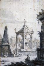 Architectural Capriccio of an Antique Cemetery with Three Tombs, between 1767 and 1772. Creator: Giovanni Francesco Costa.
