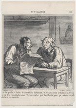 -They're talking about new elections. -Before I vote for a candidate, I want..., September 27, 1869. Creator: Honore Daumier.