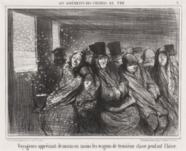 Voyageurs appréciant de moins en moins les wagons de troisième classe pendant l'hiver, 1856. Creator: Honore Daumier.