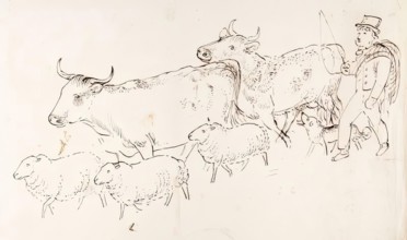 A Shepherd and His Dog Guarding a Flock of Sheep and Cows, 1825-1839. Creator: James Howe.