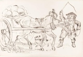 A man pulling a horse-drawn cart, 1825-1839. Creator: James Howe.