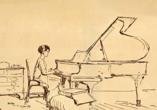 Girl Playing a Piano. Creator: Urushibara Mokuchu.