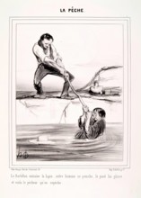 La Pêche. Le Barbillon entraine la ligne.., 1840. Creator: Honore Daumier.