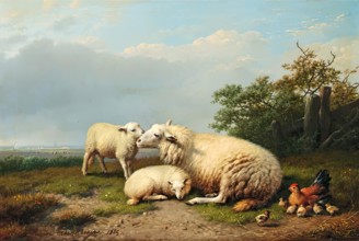 Sheep, Hen and Chicks in a Landscape, 1865. Creator: Eugène Verboeckhoven.