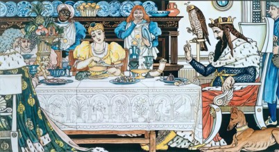 The Frog shares the Princess' Meal - Illustration for 'The Frog Prince', c1874. Creator: Walter Crane.