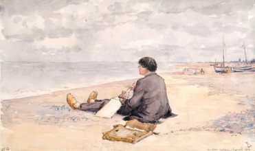 Sizewell - James McBey Sketching, 1914. Creator: Martin Hardie.