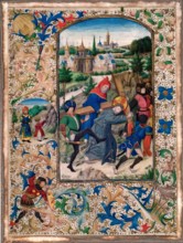 Simon Assists in Carrying The Cross-One of four Illuminated pages from a Book of Hours, c1430-1450. Creator: Unknown.