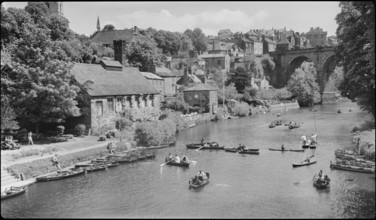 Looking north-east across the River Nidd at Knaresborough, Harrogate, North Yorkshire, 1925-1950. Creator: George R Long.