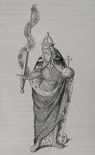 Charlemagne holding the globus cruciger in one hand and the sword in the other, 1878.  Creator: Unknown.