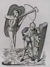 Crossbowmen protected by shields, 15th century, (1877). Creator: Unknown.