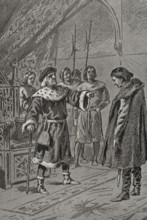 Prince Charles of Viana before his father, King John II of Aragon, in Lérida (Lleida), 1460 (1890).  Creator: Unknown.