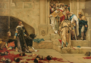 Scene depicting the legend of the Bell of Huesca, or Legend of the Monk King, (1889).  Creator: Unknown.