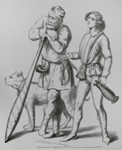 English gatekeeper, his dog, (1480), and a cupbearer, (1475), 15th century (1878).  Creator: Unknown.