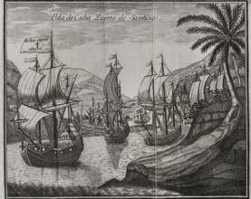 Hernán Cortés' fleet leaving the port of Santiago de Cuba, 18th November 1518 (1771). Creator: Unknown.