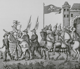 Entry of the King of Epinette ("King of the Thorn") in Lille, 16th century, (1878).  Creator: Unknown.