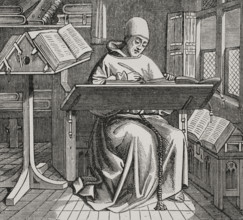 Scribe or copyist, surrounded by open books, working at his desk, 15th century, (1877).  Creator: Unknown.