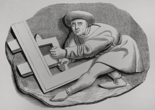 Carpenter's apprentice working with a large square, 1457-1470, (1878).  Creator: Unknown.