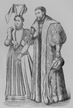 Costume of a rich bourgeoise, and of a noble...of the time of Francis I, 1878. Creator: Unknown.