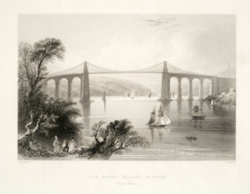 The Menai Bridge, Bangor, North Wales, c1841. Creator: William Henry Bartlett.