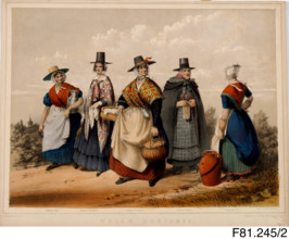 Welsh Costumes (Errand girl; Farmer's Daughter, Market Woman, Winter & Llanarth Girl), c1848. Creator: John Cambrian Rowland.