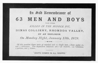 Dinas Colliery Explosion, memorial card, 1879. Creator: Unknown.
