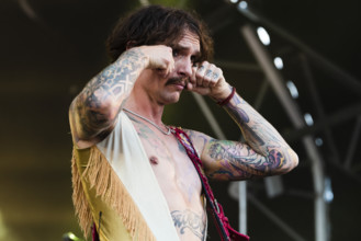 The Darkness live at the Cornbury Music Festival, Great Tew Park, Oxfordshire, Jul 2022. Creator: Annapaola Marchesani.