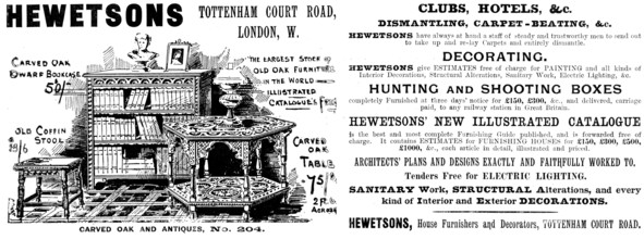 Advertisement for Hewetsons carved oak and antiques, 1895. Creator: Unknown.
