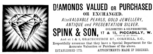 Advertisement for Spink & Son, jewellers, 1895. Creator: Unknown.