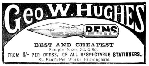 Advertisement for George W. Hughes' pens, 1895. Creator: Unknown.