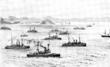 The War in Eastern Asia: the English Fleet leaving Chefoo Harbour, November 23, 1891, (1895). Creator: Unknown.